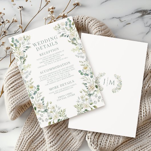 Feuille vert Roses blanches Mariage Détails Cartes