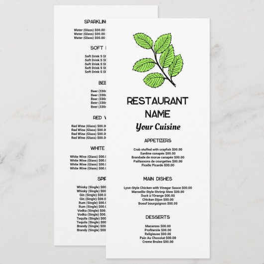 Feuille Verte, Restaurant Menu Mince (Devant / Derrière)