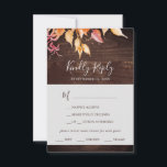 Feuilles automnales | Carte RSVP Rustic Wood Menu<br><div class="desc">Cet automne laisse le choix de menu en bois rustique carte RSVP est parfait pour un mariage Octobre. Le design rustique de la campagne présente de superbes feuilles d'automne aquarelle peintes à la main dans les teintes du coucher du soleil de jaune, orange brûlée et rouge bordeaux qui s'affiche sur...</div>