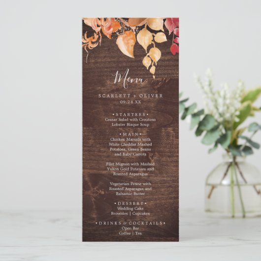 Feuilles automnales | Menu Rustique Brown Wood Mar (Debout devant)