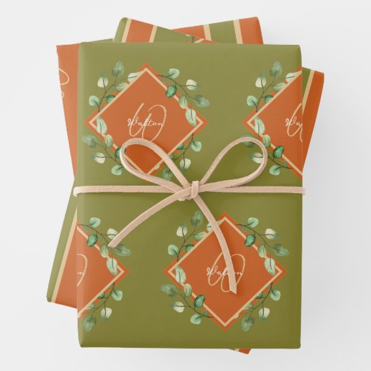 Feuilles automnales orange et vert monogramme (En situation)
