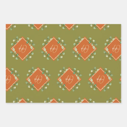 Feuilles automnales orange et vert monogramme (Devant)