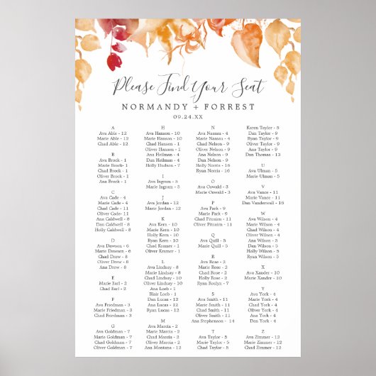 Feuilles automnales | Tableau de sièges alphabétiq (Devant)