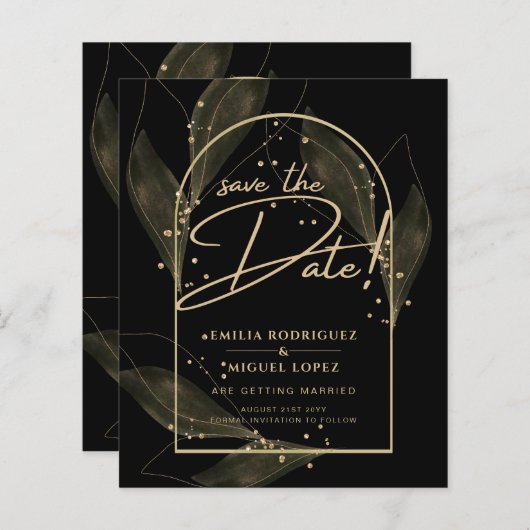 Feuilles Black Gold Moderne Mariage Enregistrer La (Devant / Derrière)