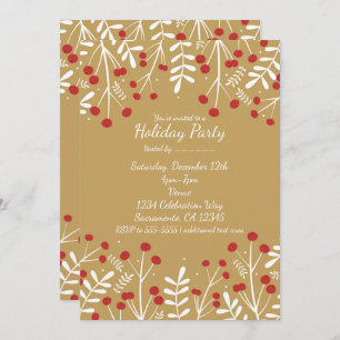 Feuilles blancs & Berries Gold Holiday Invitations