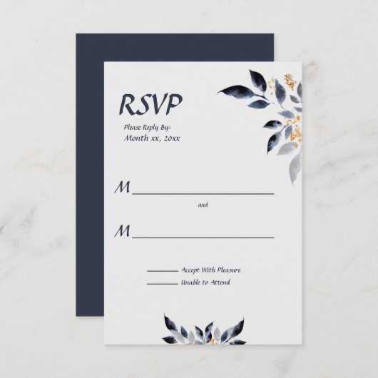 Feuilles bleus avec mariage or RSVP (Devant / Derrière)
