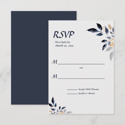 Feuilles bleus avec mariage or RSVP (Devant / Derrière)