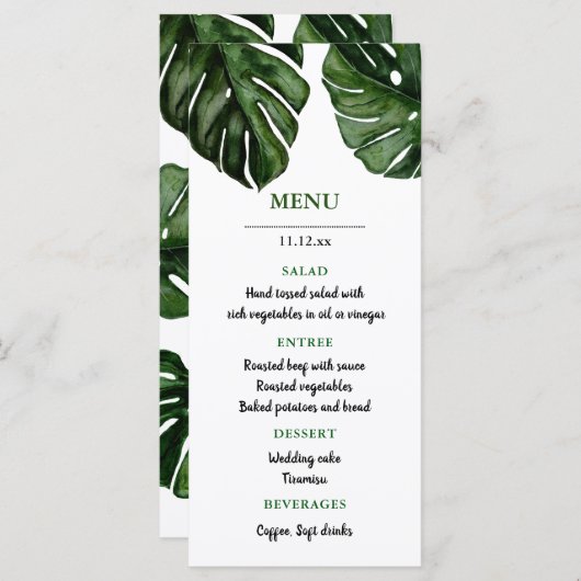 Feuilles d'aquarelle de Monstera tropicale | Menu  (Devant / Derrière)