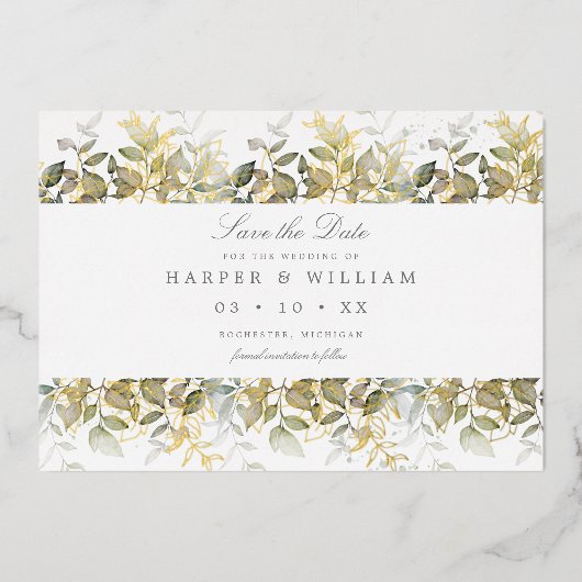 Feuilles d'aquarelle or enregistrer la date carte  (Recto)