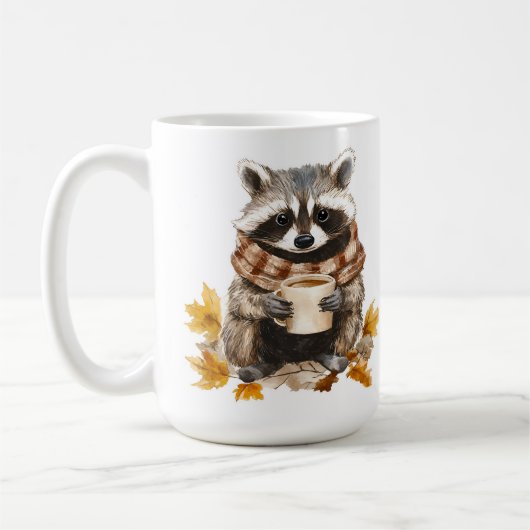 Feuilles d'automne confortable raccoon avec tasse  (Gauche)