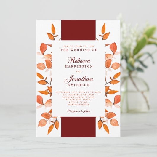 Feuilles d'automne Faire-part de mariage orange br (Debout devant)