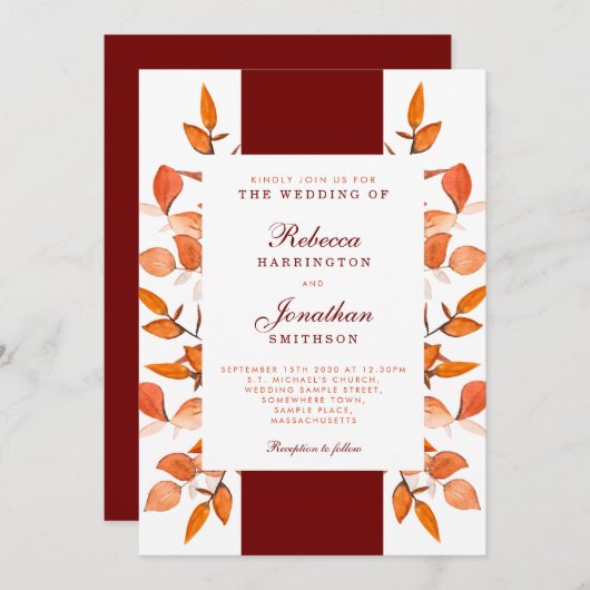 Feuilles d'automne Faire-part de mariage orange br (Devant / Derrière)