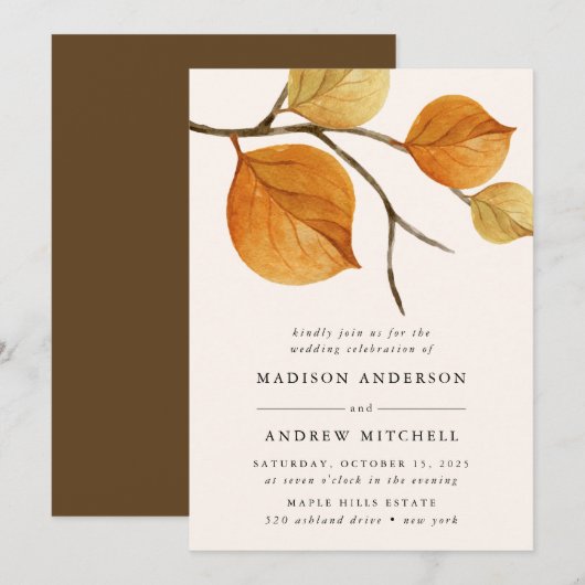 Feuilles d'automne | Faire-part de mariage sur une (Devant / Derrière)
