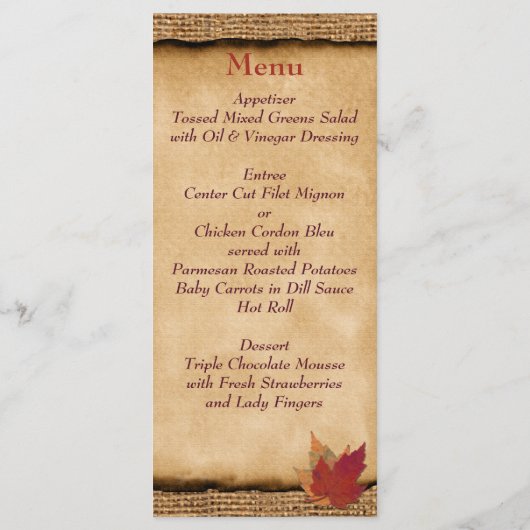 Feuilles d'automne FAUX Burlap Mariage Carte menu  (Dos)
