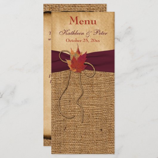 Feuilles d'automne FAUX Burlap Mariage Carte menu  (Devant / Derrière)