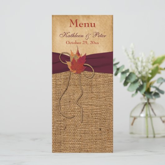 Feuilles d'automne FAUX Burlap Mariage Carte menu  (Debout devant)