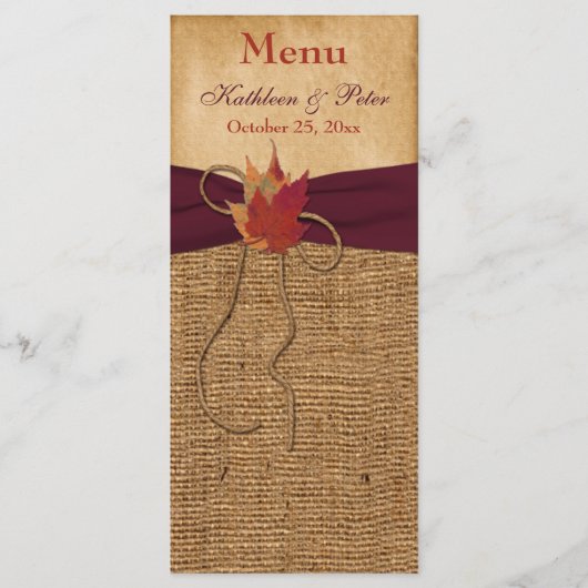 Feuilles d'automne FAUX Burlap Mariage Carte menu  (Devant)