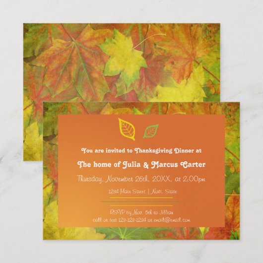 Feuilles d'automne - Invitation au dîner de Thanks (Devant / Derrière)