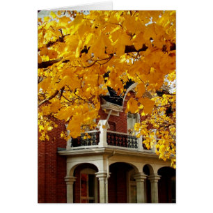Feuilles d'automne jaunes et ancienne maison en br