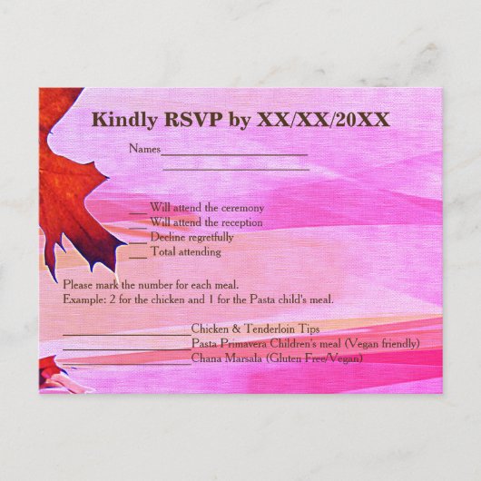 Feuilles d'automne Orange Swirl Rose RSVP Menu Car (Devant)