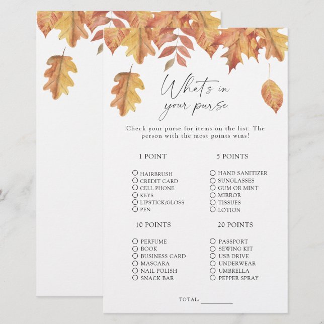 Feuilles d'automne - Que contient votre sac jeu (Devant / Derrière)