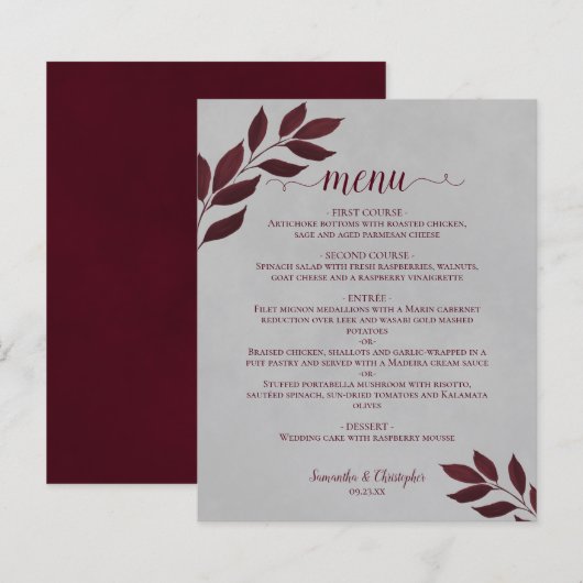 Feuilles de Bourgogne sur Grey Budget Mariage Menu (Devant / Derrière)