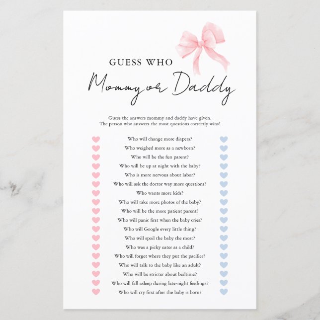 Feuilles de jeu de Baby Shower Mommy Daddy Devine  (Devant)