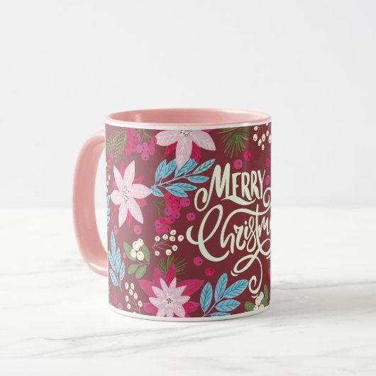 Feuilles de Noël rose violet fleuri Mug (Devant gauche)
