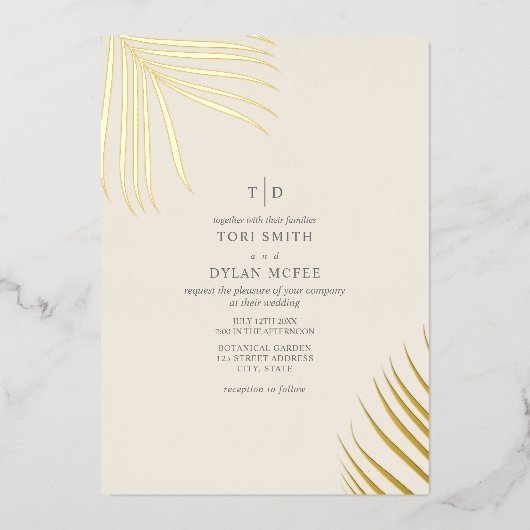 Feuilles de palme blanc crème Foil Invitation (Recto)