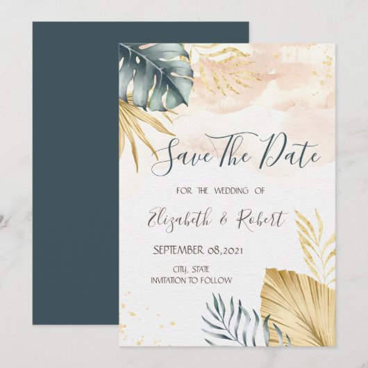 Feuilles de palmier dorées aquarelle Save The Date (Devant / Derrière)