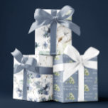 Feuilles de papier à enveloppement floral bleu-pou<br><div class="desc">Célébrez toute occasion spéciale avec ce joli set de papier d'emballage bleu poussiéreux ! Parfait pour les douches mariages de automne ou nuptiales !</div>