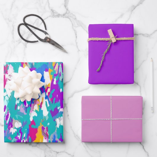 Feuilles de papier à envelopper bleu, rose et viol (Recto)