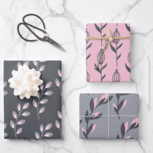 Feuilles de papier cadeau floral gris et rose