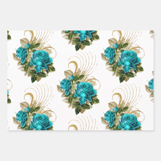 Feuilles de papier cadeau floral or et sarcelle (Devant)