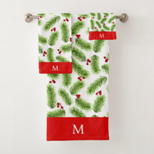 Feuilles de pin de Noël et baies sur Monogramme