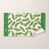 Feuilles de pin vert et baies Monogramme (Serviette à main)