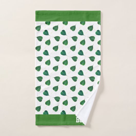 Feuilles de texte et de bodhi vert sur blanc (Serviette à main)