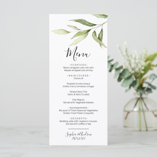 Feuilles de verdure Floral Minimal menu Mariage (Debout devant)