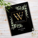 Feuilles de verdure noir et or Monogramme Nom 2023<br><div class="desc">Élégant monogramme vert aquarelle nom 2023 planner avec une initiale en or monogramme. Conçu par Thisisnotme©</div>