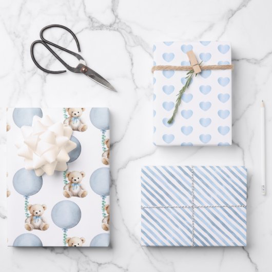 Feuilles d'enveloppement de Baby shower bleu Teddy (Recto)