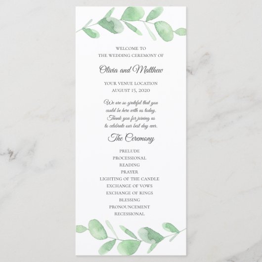 Feuilles d'eucalyptus verts. Programme de mariage  (Devant)