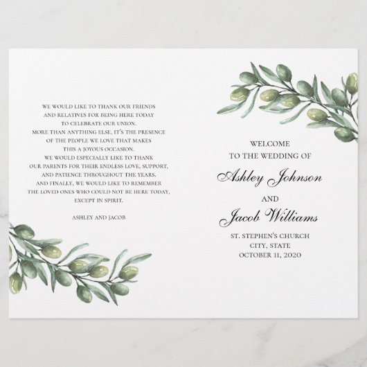 Feuilles d'olive. Programme de mariage italien pli (Devant)