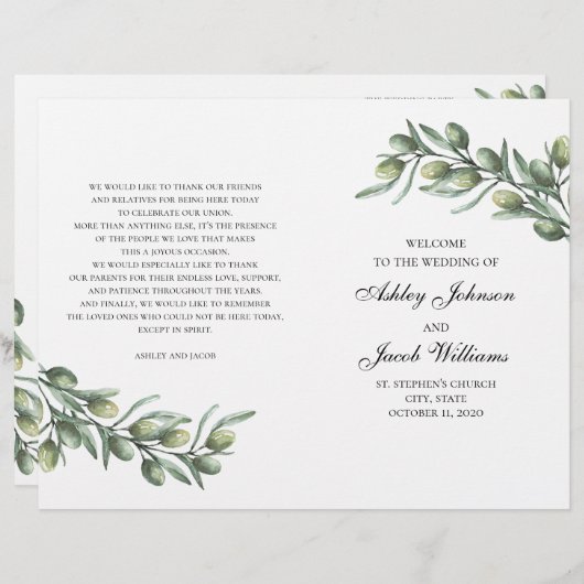 Feuilles d'olive. Programme de mariage italien pli (Devant / Derrière)
