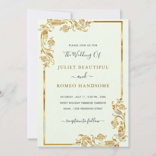Feuilles d'or encadré des invitations de mariage m (Devant)