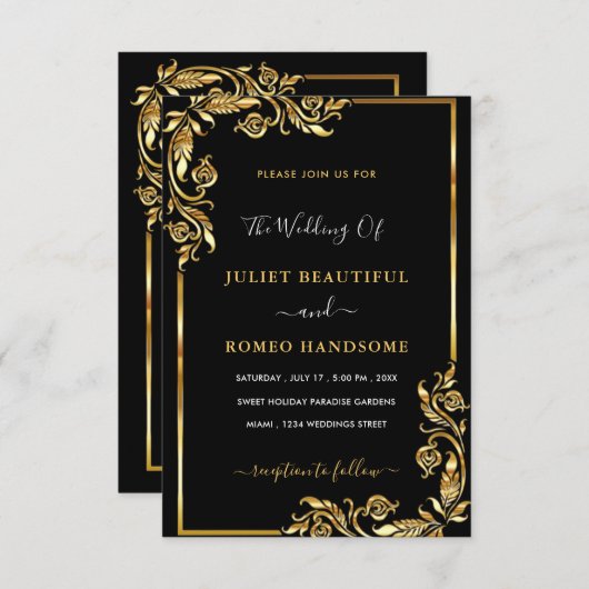 Feuilles d'or encadré Faire-part de mariage modern (Devant / Derrière)