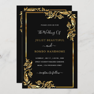 Feuilles d'or encadré Faire-part de mariage Noir O