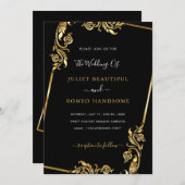 Feuilles d'or encadré Faire-part de mariage Noir O (Devant / Derrière)