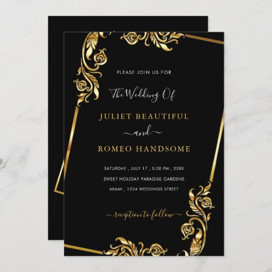 Feuilles d'or encadré Faire-part de mariage Noir O (Devant / Derrière)