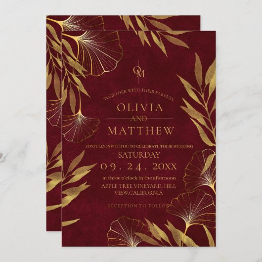 Feuilles d'or / Faire-part de mariage d'or et de B (Devant / Derrière)