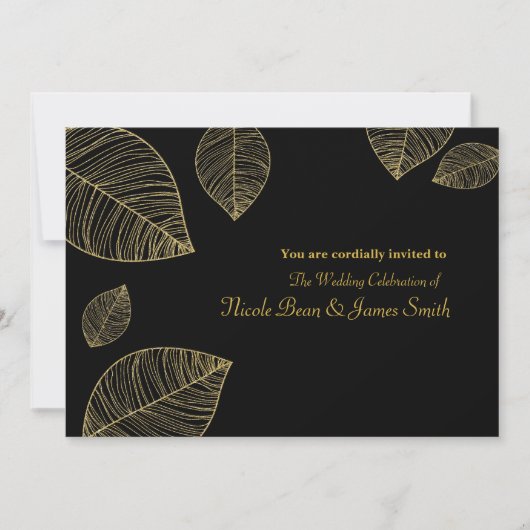 Feuilles d'or sur Black Elegant Wedding Invitation (Devant)